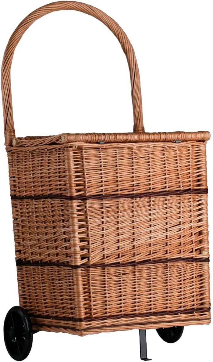 Fireplace Log Basket on Wheels - Wicker Trolley - Storage Cart - Shopping Basket - Trolley on Wheels - Carry Stroller (with Lid)