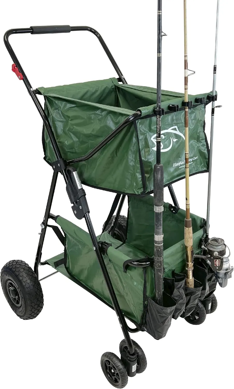Fishing Cart Wagon - Holds 5 Fishing Poles – Portable - Large Air Rubber Wheels – Cooler Platform – Storage Pouch – Folds to Fit in Trunk of Car - Piers, Lakes, Rivers and Beaches – Patents Pending