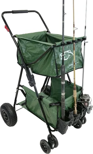 Fishing Cart Wagon - Holds 5 Fishing Poles – Portable - Large Air Rubber Wheels – Cooler Platform – Storage Pouch – Folds to Fit in Trunk of Car - Piers, Lakes, Rivers and Beaches – Patents Pending