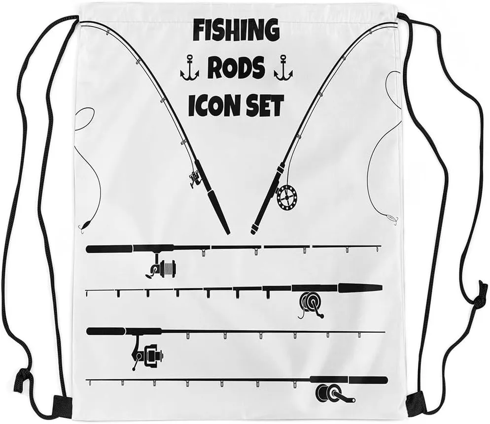 Fishing Rod Drawstring Backpack,Outdoor Fishing Gear String Bag,Fish Hook and Line Reversible Sackpack 13X15.7,White and Black Cinch Bag for Sport Gym Swim Yoga Camping,