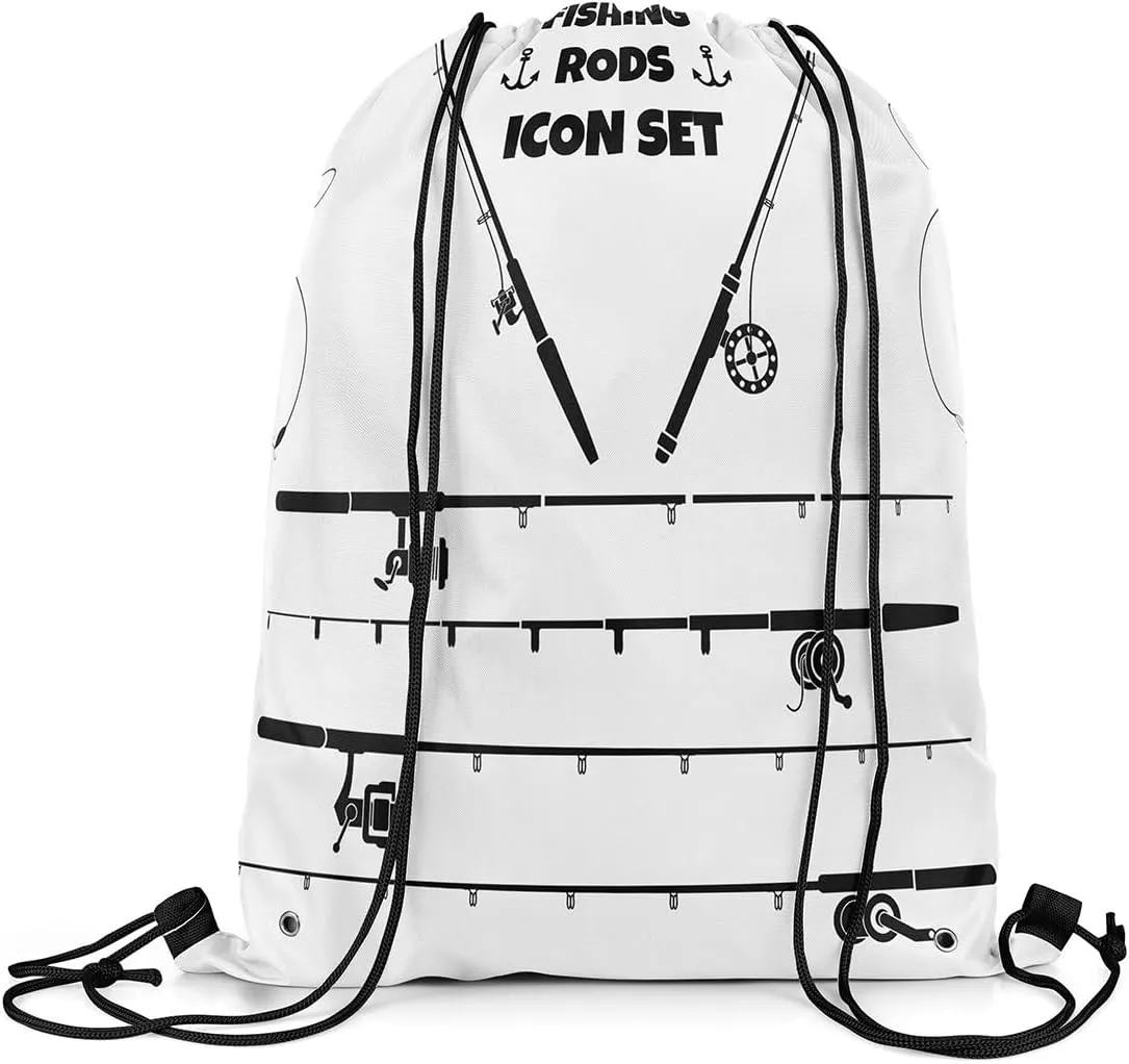 Fishing Rod Drawstring Backpack,Outdoor Fishing Gear String Bag,Fish Hook and Line Reversible Sackpack 13X15.7,White and Black Cinch Bag for Sport Gym Swim Yoga Camping,