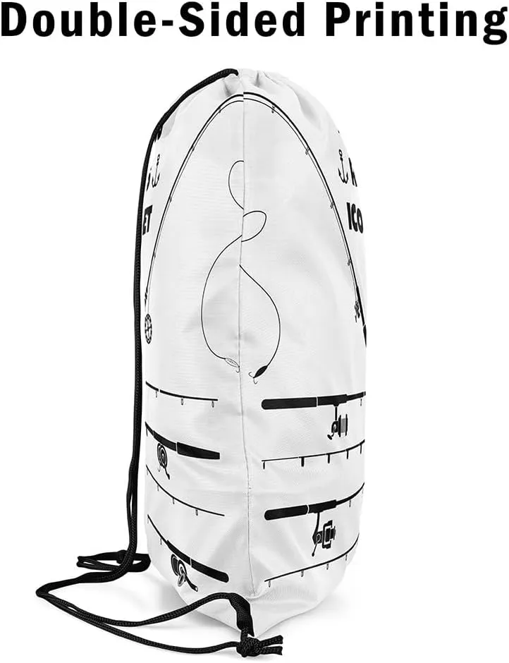 Fishing Rod Drawstring Backpack,Outdoor Fishing Gear String Bag,Fish Hook and Line Reversible Sackpack 13X15.7,White and Black Cinch Bag for Sport Gym Swim Yoga Camping,