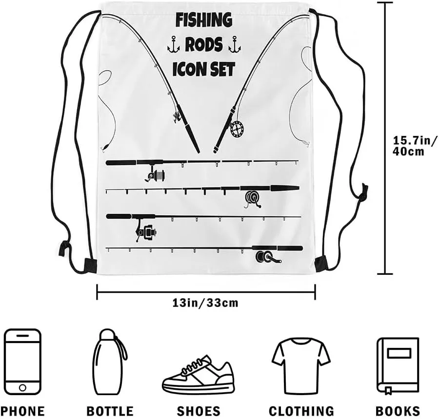 Fishing Rod Drawstring Backpack,Outdoor Fishing Gear String Bag,Fish Hook and Line Reversible Sackpack 13X15.7,White and Black Cinch Bag for Sport Gym Swim Yoga Camping,