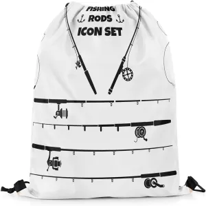 Fishing Rod Drawstring Backpack,Outdoor Fishing Gear String Bag,Fish Hook and Line Reversible Sackpack 13X15.7,White and Black Cinch Bag for Sport Gym Swim Yoga Camping,