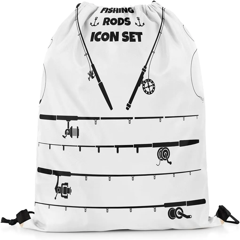 Fishing Rod Drawstring Backpack,Outdoor Fishing Gear String Bag,Fish Hook and Line Reversible Sackpack 13X15.7,White and Black Cinch Bag for Sport Gym Swim Yoga Camping,