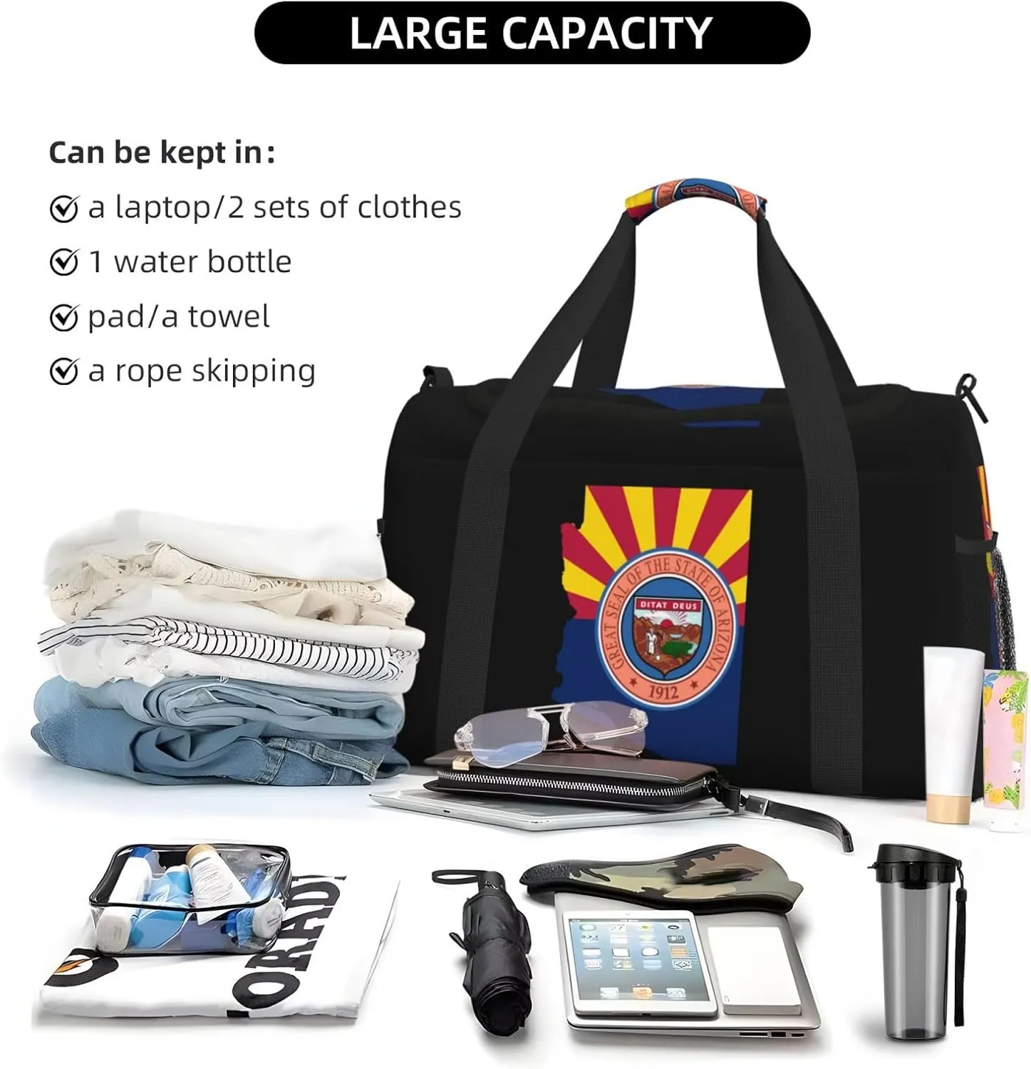 Flag Map Of Arizona Travel Duffel Bag Large Foldable Waterproof Overnight Bag For Beach Swim Bags Pool Sports Gym