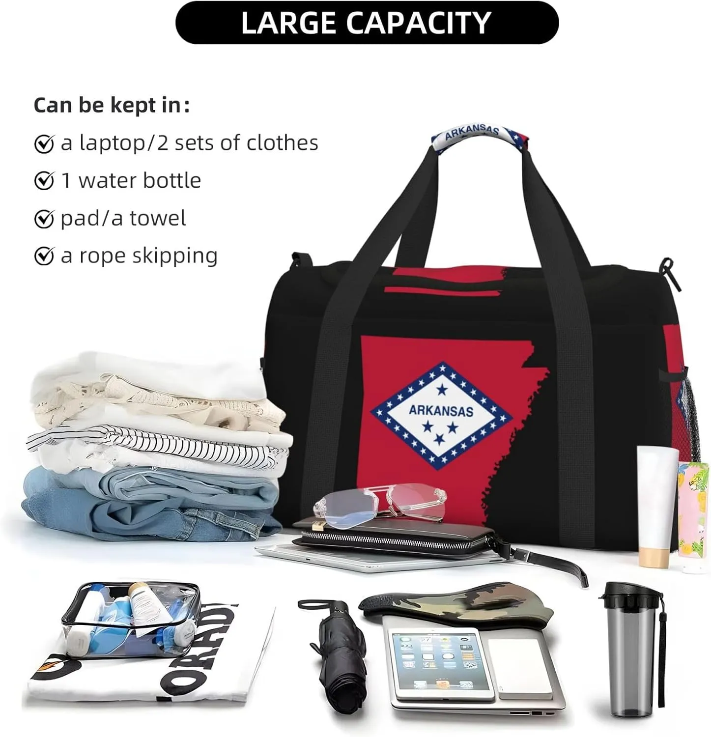 Flag Map Of Arkansas Travel Duffel Bag Large Foldable Waterproof Overnight Bag For Beach Swim Bags Pool Sports Gym