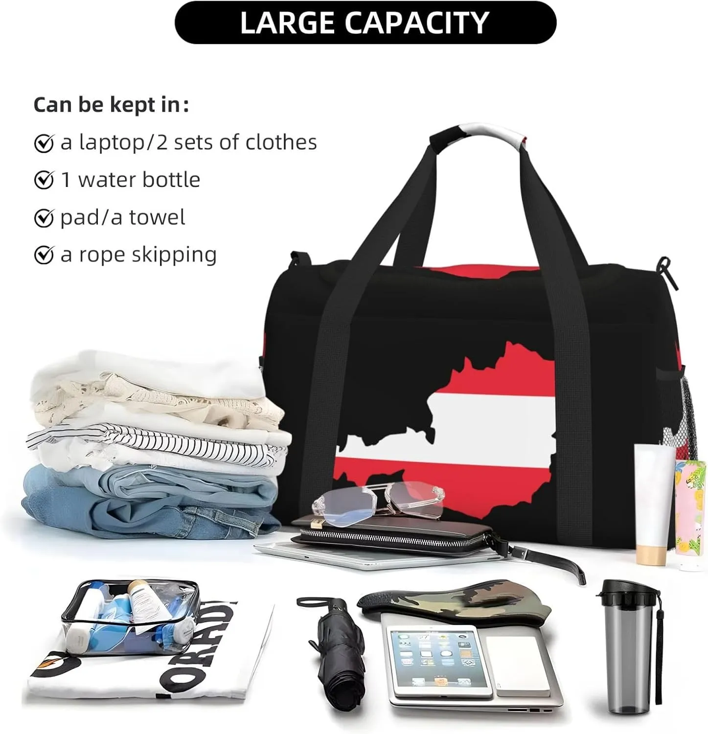 Flag Map Of Austria Travel Duffel Bag Large Foldable Waterproof Overnight Bag For Beach Swim Bags Pool Sports Gym