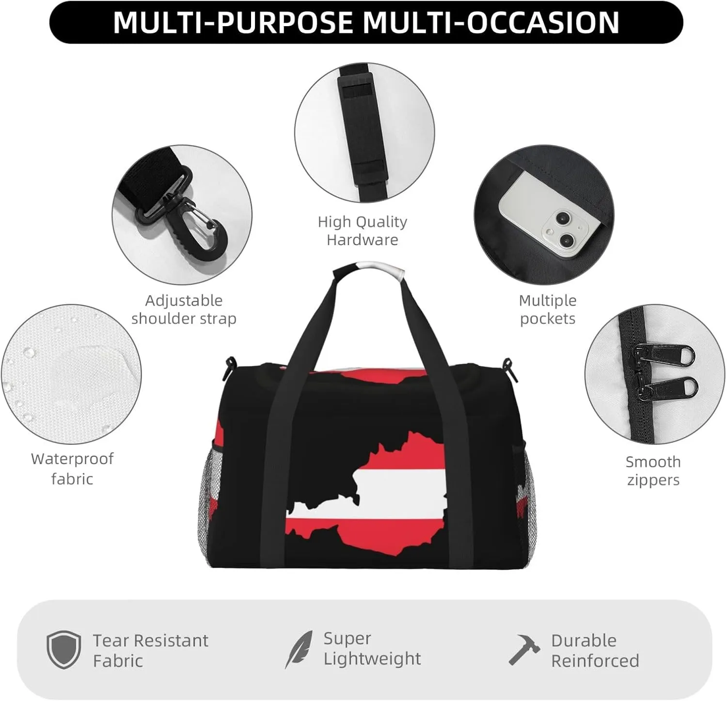 Flag Map Of Austria Travel Duffel Bag Large Foldable Waterproof Overnight Bag For Beach Swim Bags Pool Sports Gym