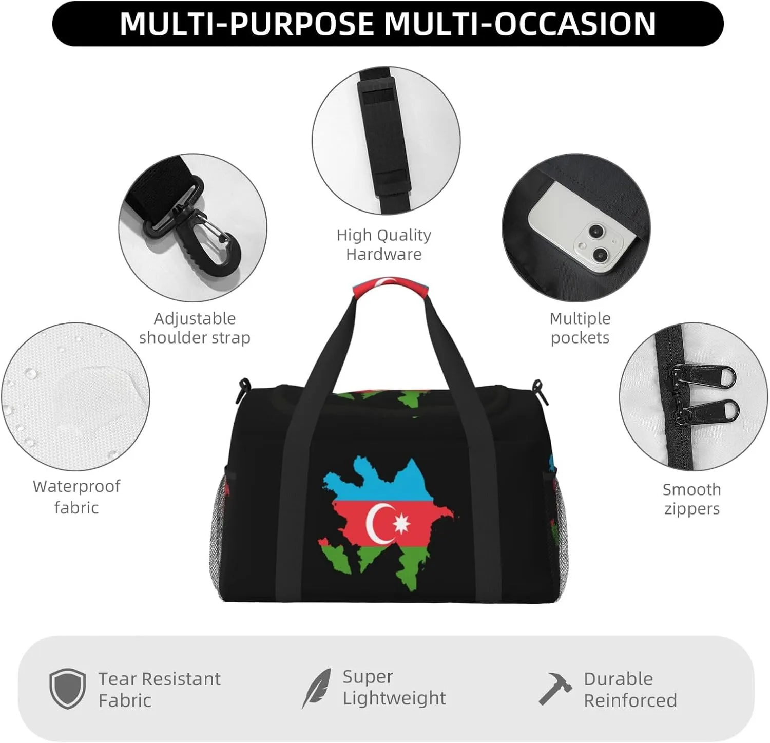 Flag Map Of Azerbaijan Travel Duffel Bag Large Foldable Waterproof Overnight Bag For Beach Swim Bags Pool Sports Gym