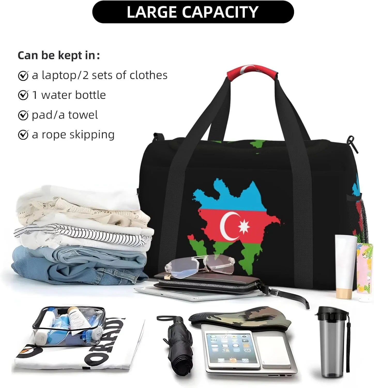 Flag Map Of Azerbaijan Travel Duffel Bag Large Foldable Waterproof Overnight Bag For Beach Swim Bags Pool Sports Gym