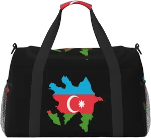 Flag Map Of Azerbaijan Travel Duffel Bag Large Foldable Waterproof Overnight Bag For Beach Swim Bags Pool Sports Gym