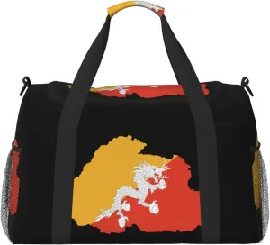 Flag Map Of Bhutan Travel Duffel Bag Large Foldable Waterproof Overnight Bag For Beach Swim Bags Pool Sports Gym