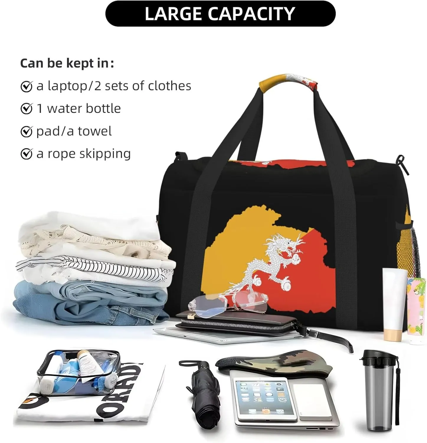 Flag Map Of Bhutan Travel Duffel Bag Large Foldable Waterproof Overnight Bag For Beach Swim Bags Pool Sports Gym