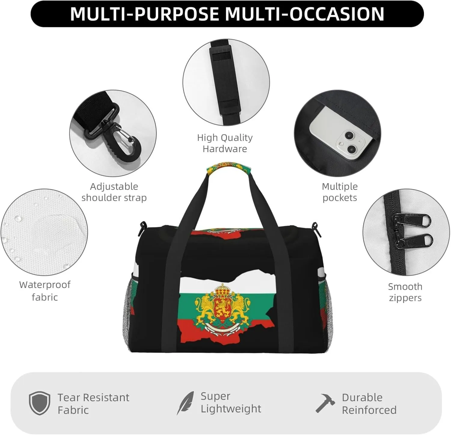 Flag Map Of Bulgaria Travel Duffel Bag Large Foldable Waterproof Overnight Bag For Beach Swim Bags Pool Sports Gym