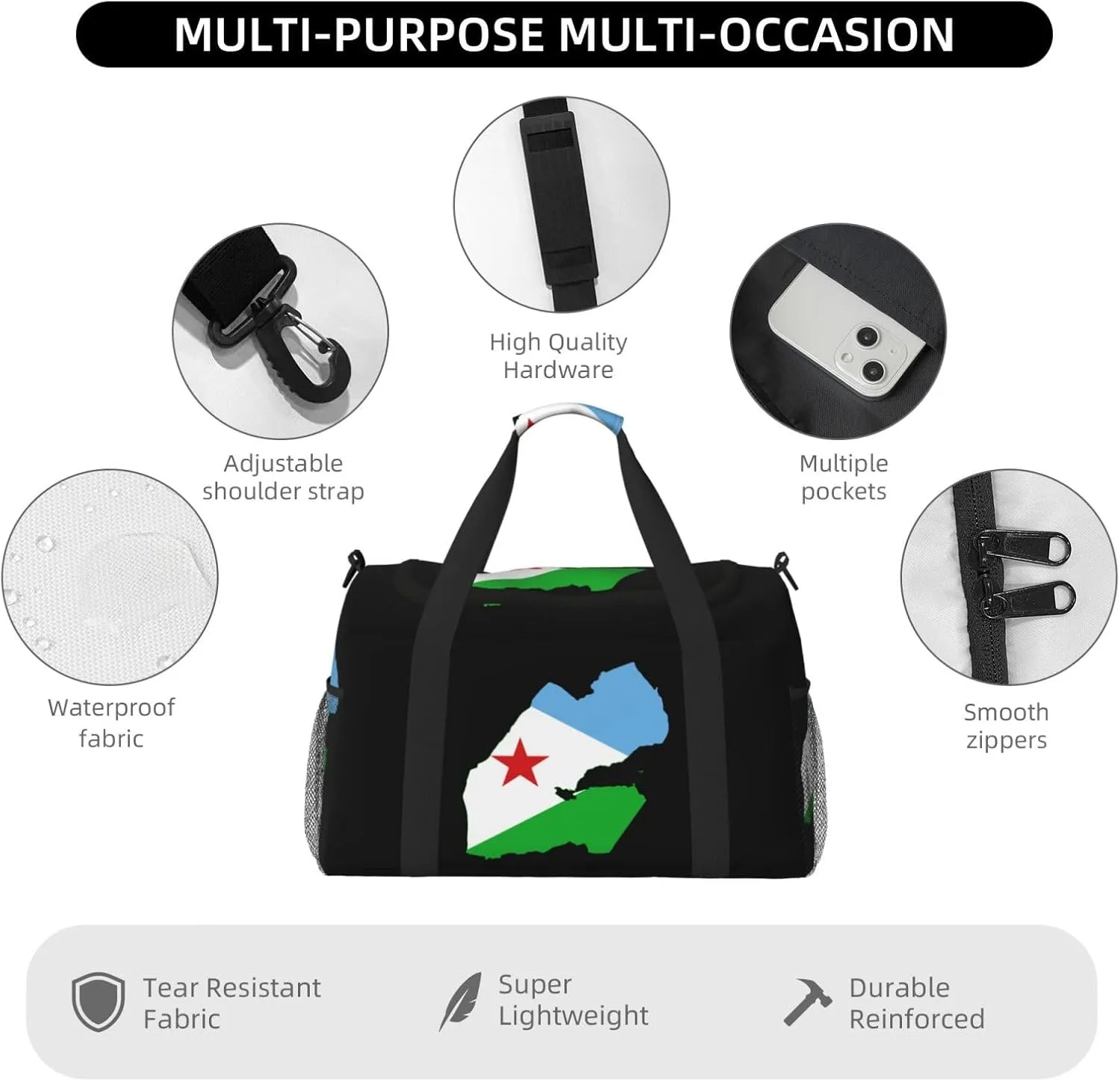 Flag Map Of Djibouti Travel Duffel Bag Large Foldable Waterproof Overnight Bag For Beach Swim Bags Pool Sports Gym
