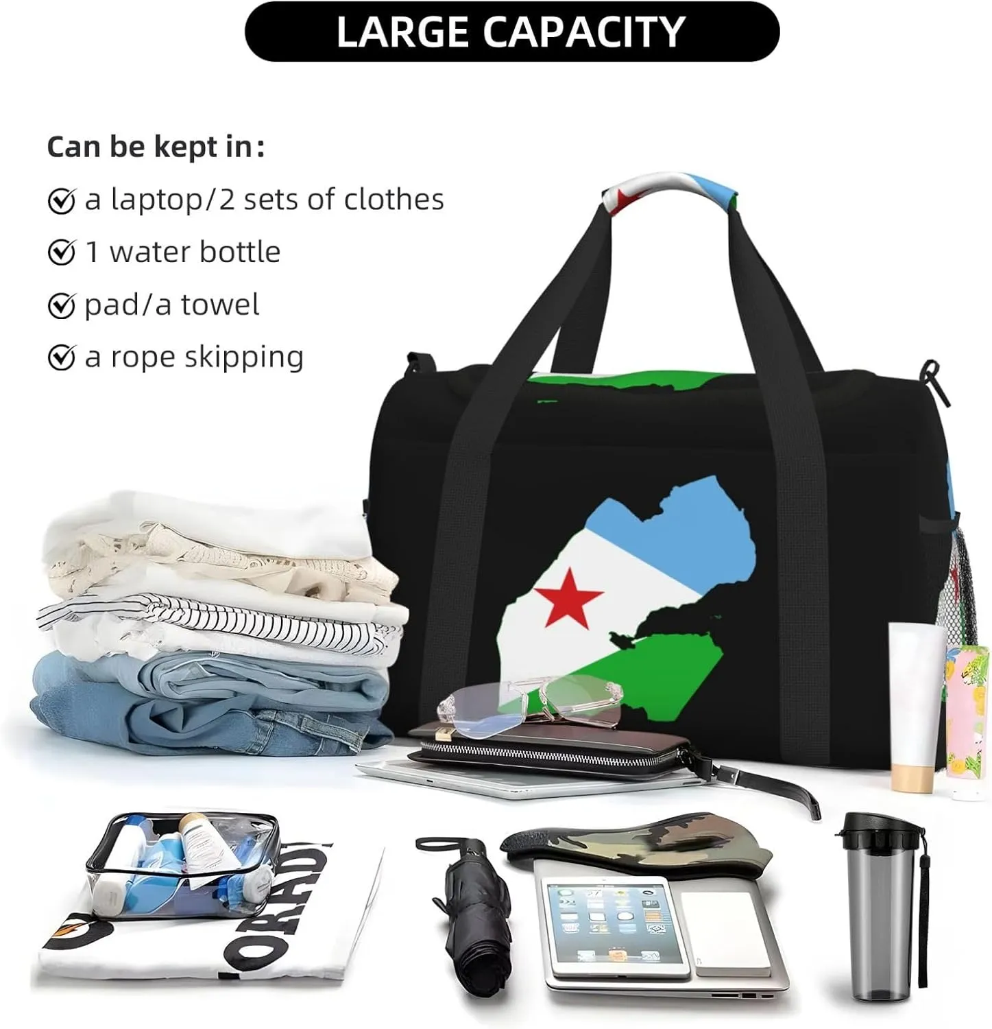 Flag Map Of Djibouti Travel Duffel Bag Large Foldable Waterproof Overnight Bag For Beach Swim Bags Pool Sports Gym