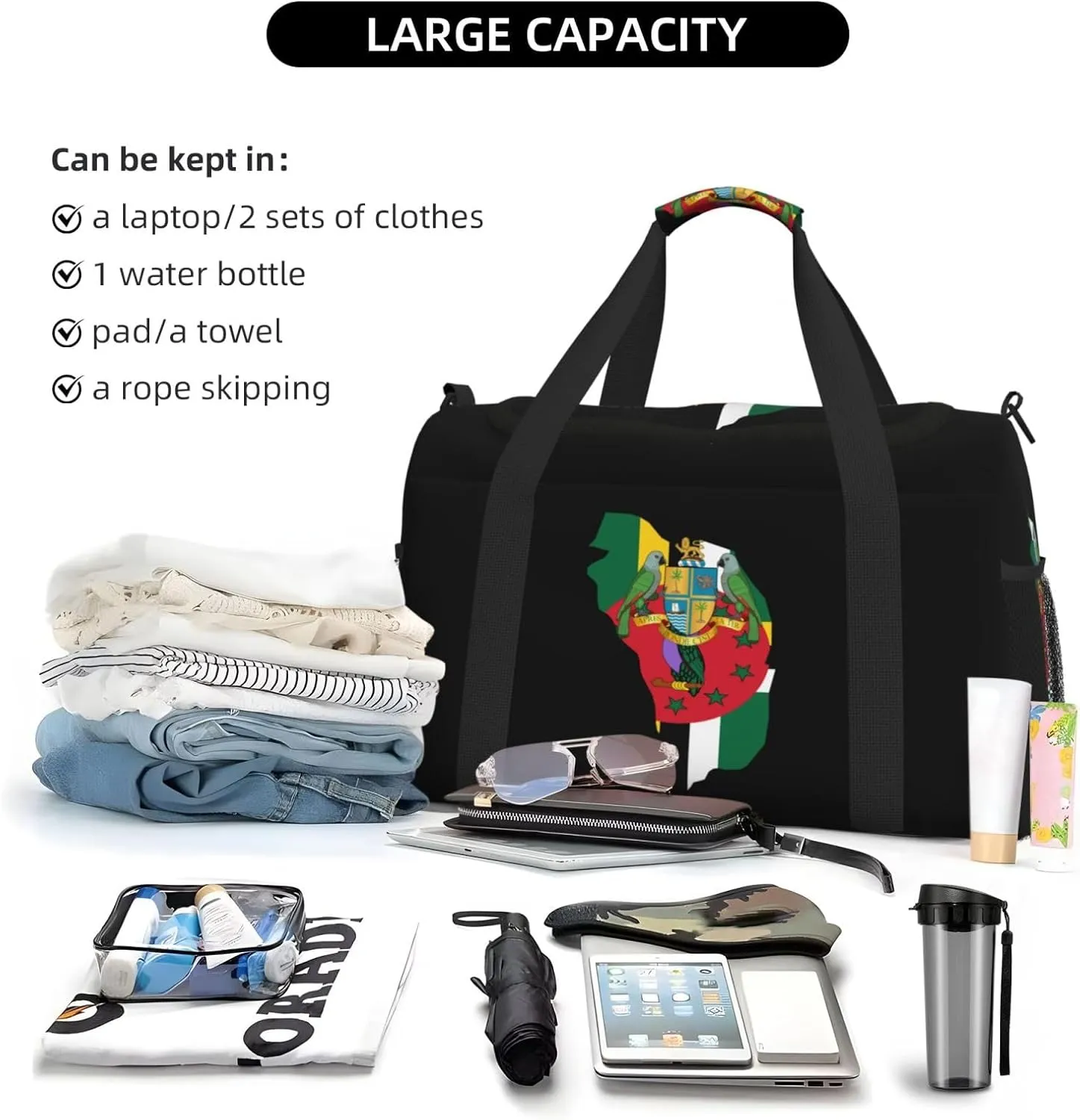 Flag Map Of Dominica Travel Duffel Bag Large Foldable Waterproof Overnight Bag For Beach Swim Bags Pool Sports Gym