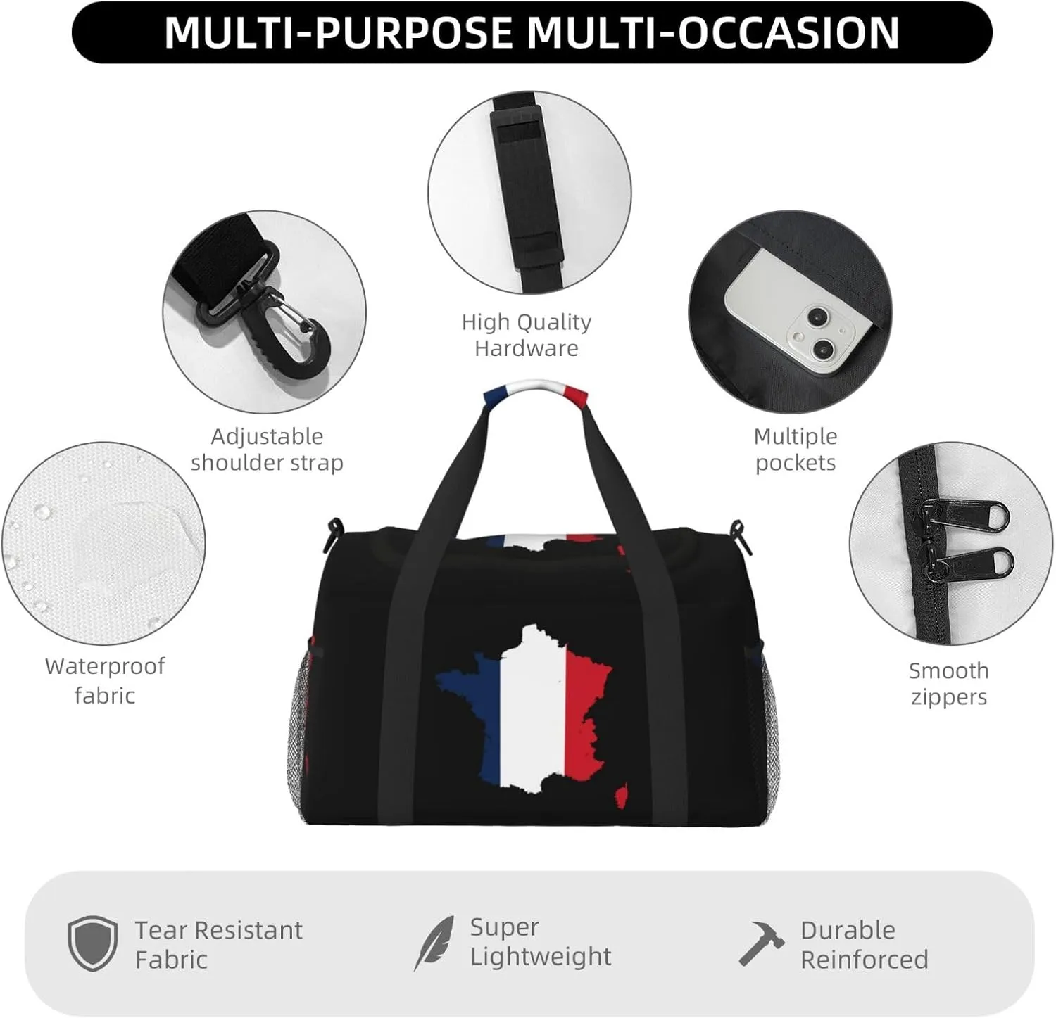 Flag Map Of France Travel Duffel Bag Large Foldable Waterproof Overnight Bag For Beach Swim Bags Pool Sports Gym