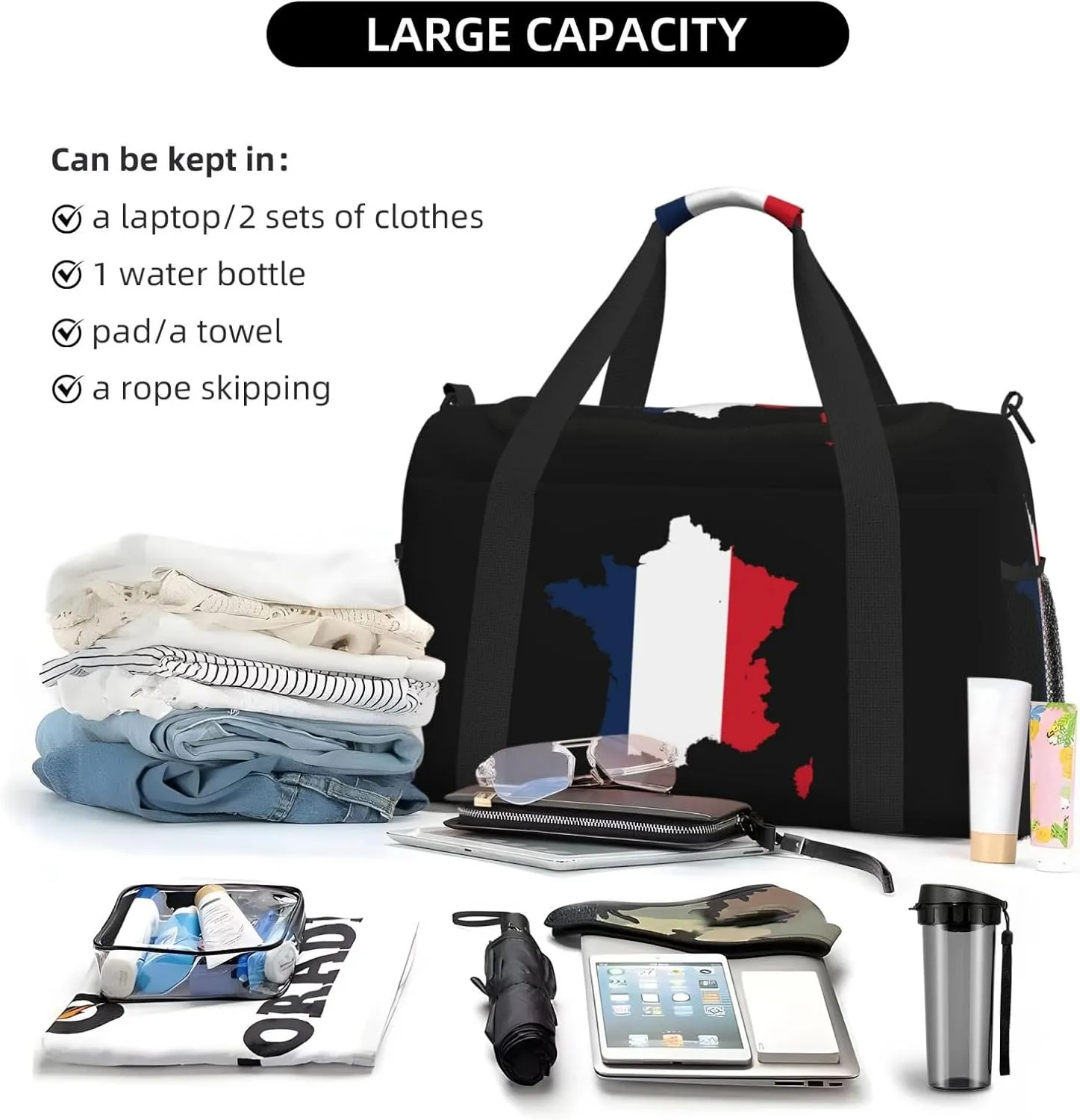 Flag Map Of France Travel Duffel Bag Large Foldable Waterproof Overnight Bag For Beach Swim Bags Pool Sports Gym