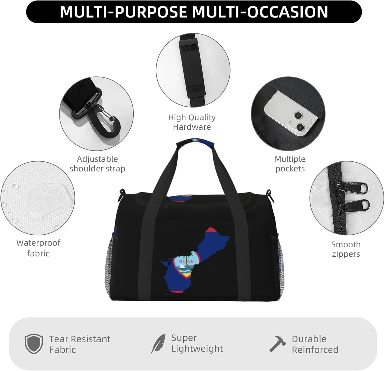 Flag Map Of Guam Travel Duffel Bag Large Foldable Waterproof Overnight Bag For Beach Swim Bags Pool Sports Gym