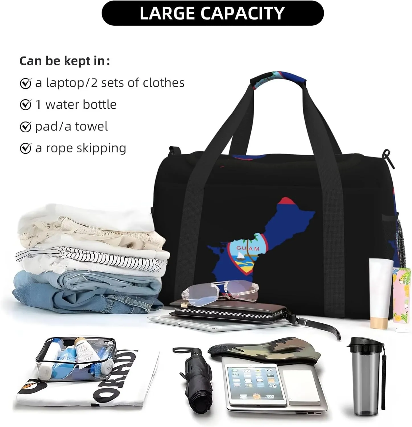 Flag Map Of Guam Travel Duffel Bag Large Foldable Waterproof Overnight Bag For Beach Swim Bags Pool Sports Gym