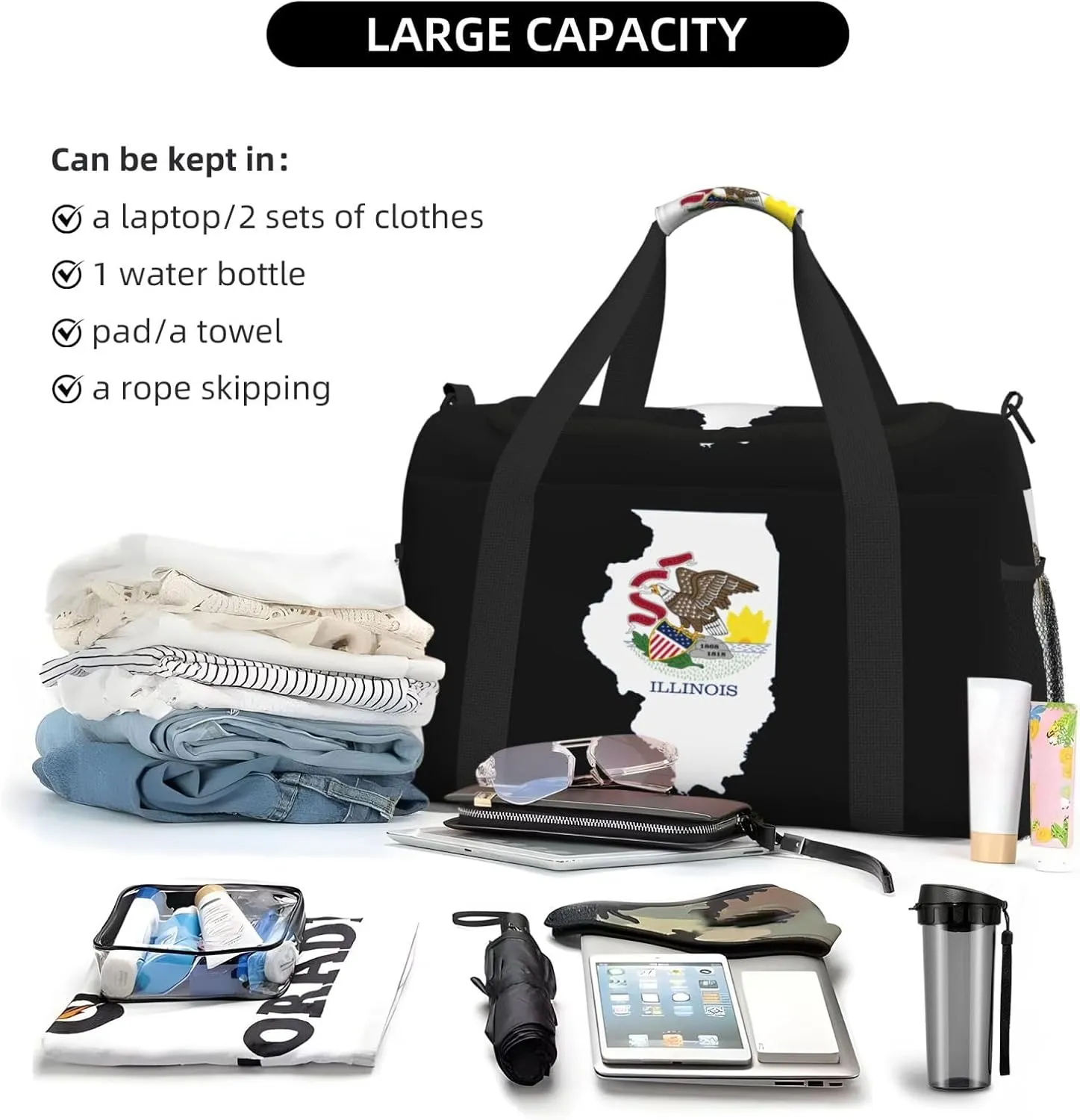 Flag Map Of Illinois Travel Duffel Bag Large Foldable Waterproof Overnight Bag For Beach Swim Bags Pool Sports Gym