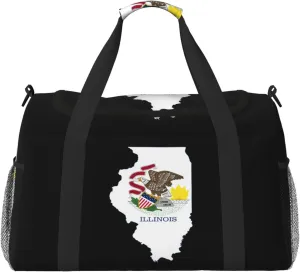 Flag Map Of Illinois Travel Duffel Bag Large Foldable Waterproof Overnight Bag For Beach Swim Bags Pool Sports Gym