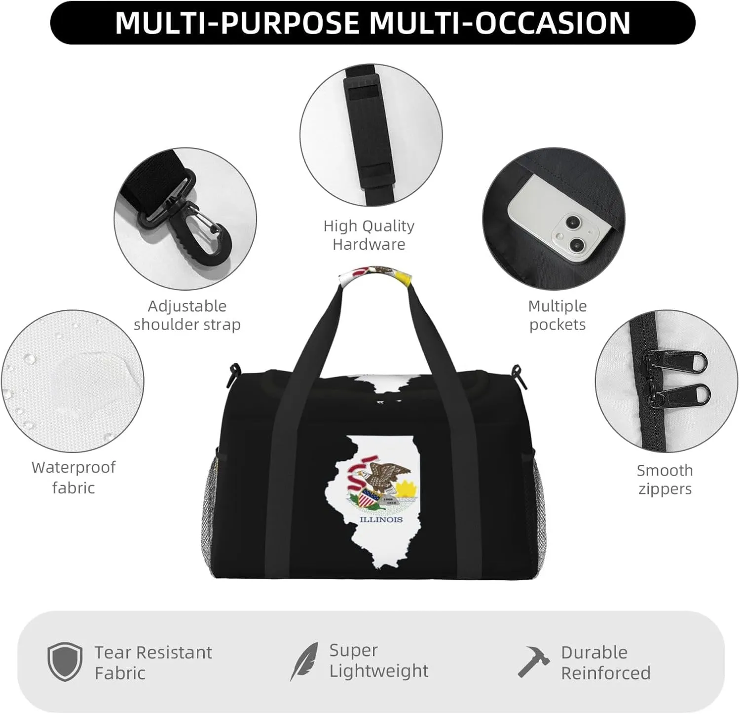 Flag Map Of Illinois Travel Duffel Bag Large Foldable Waterproof Overnight Bag For Beach Swim Bags Pool Sports Gym
