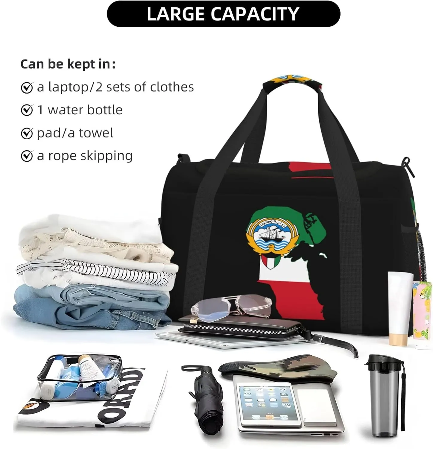 Flag Map Of Kuwait Travel Duffel Bag Large Foldable Waterproof Overnight Bag For Beach Swim Bags Pool Sports Gym