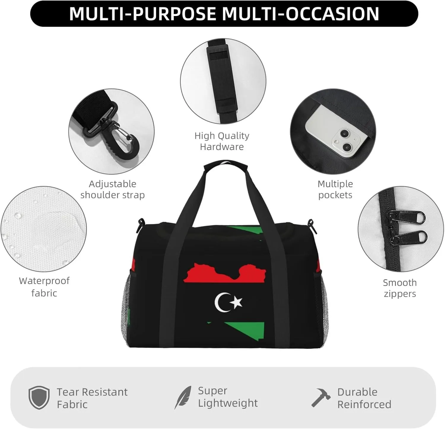 Flag Map Of Libya Travel Duffel Bag Large Foldable Waterproof Overnight Bag For Beach Swim Bags Pool Sports Gym