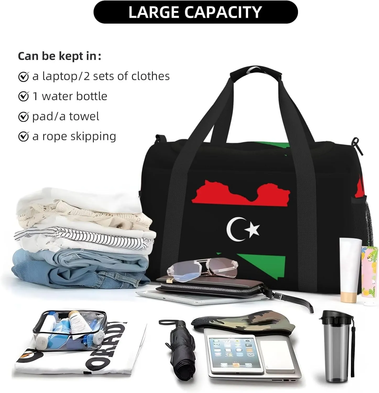 Flag Map Of Libya Travel Duffel Bag Large Foldable Waterproof Overnight Bag For Beach Swim Bags Pool Sports Gym