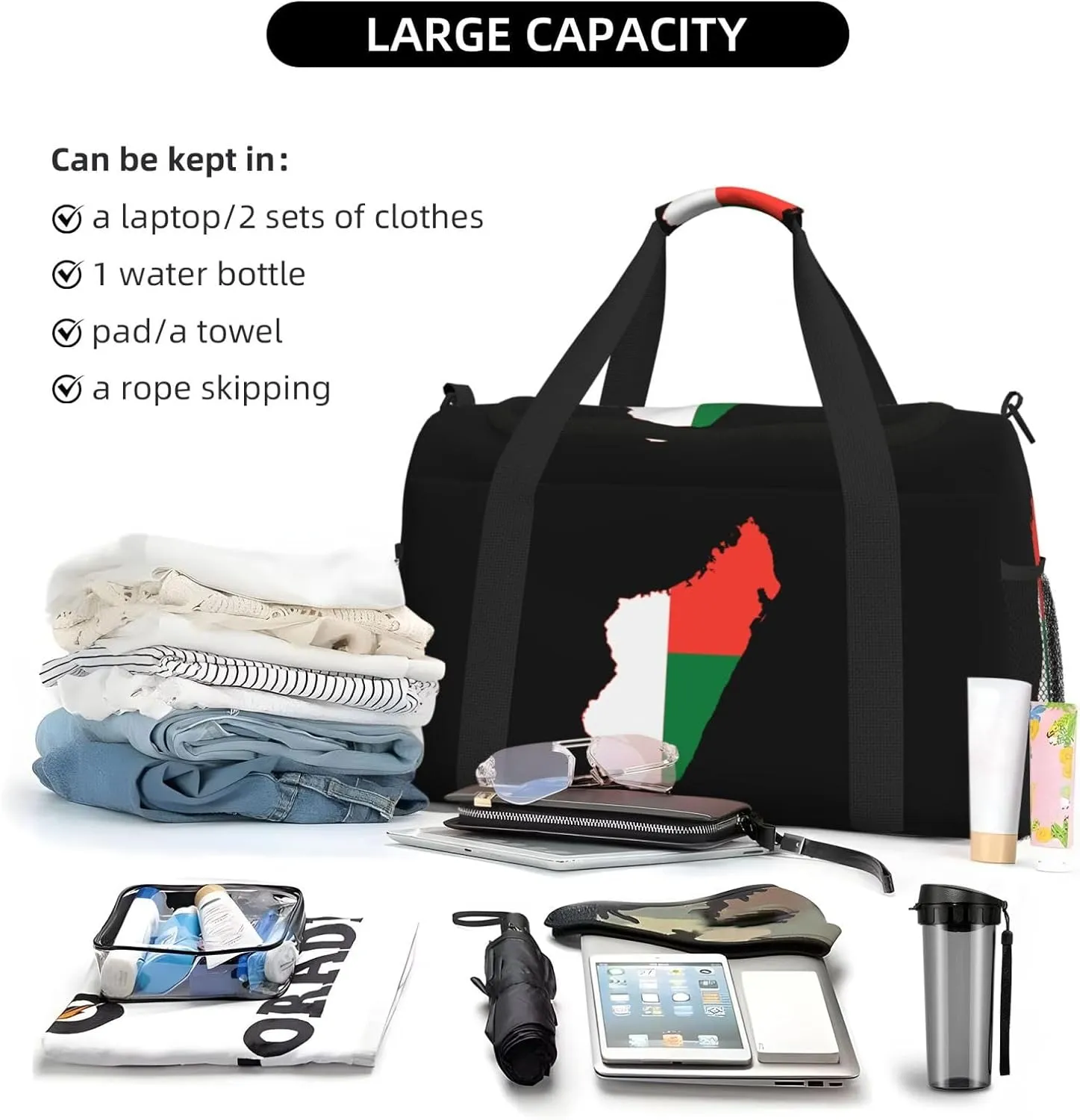 Flag Map Of Madagascar Travel Duffel Bag Large Foldable Waterproof Overnight Bag For Beach Swim Bags Pool Sports Gym