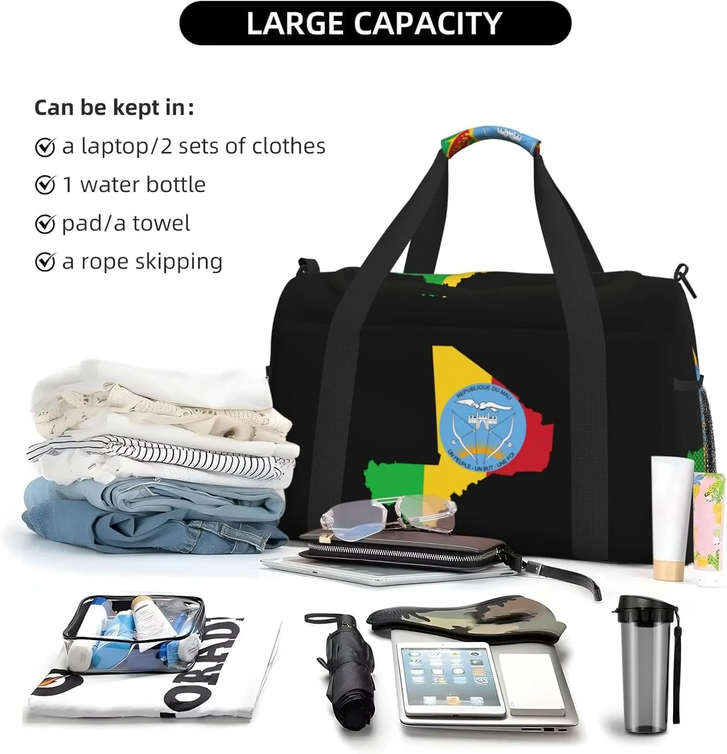 Flag Map Of Mali Travel Duffel Bag Large Foldable Waterproof Overnight Bag For Beach Swim Bags Pool Sports Gym