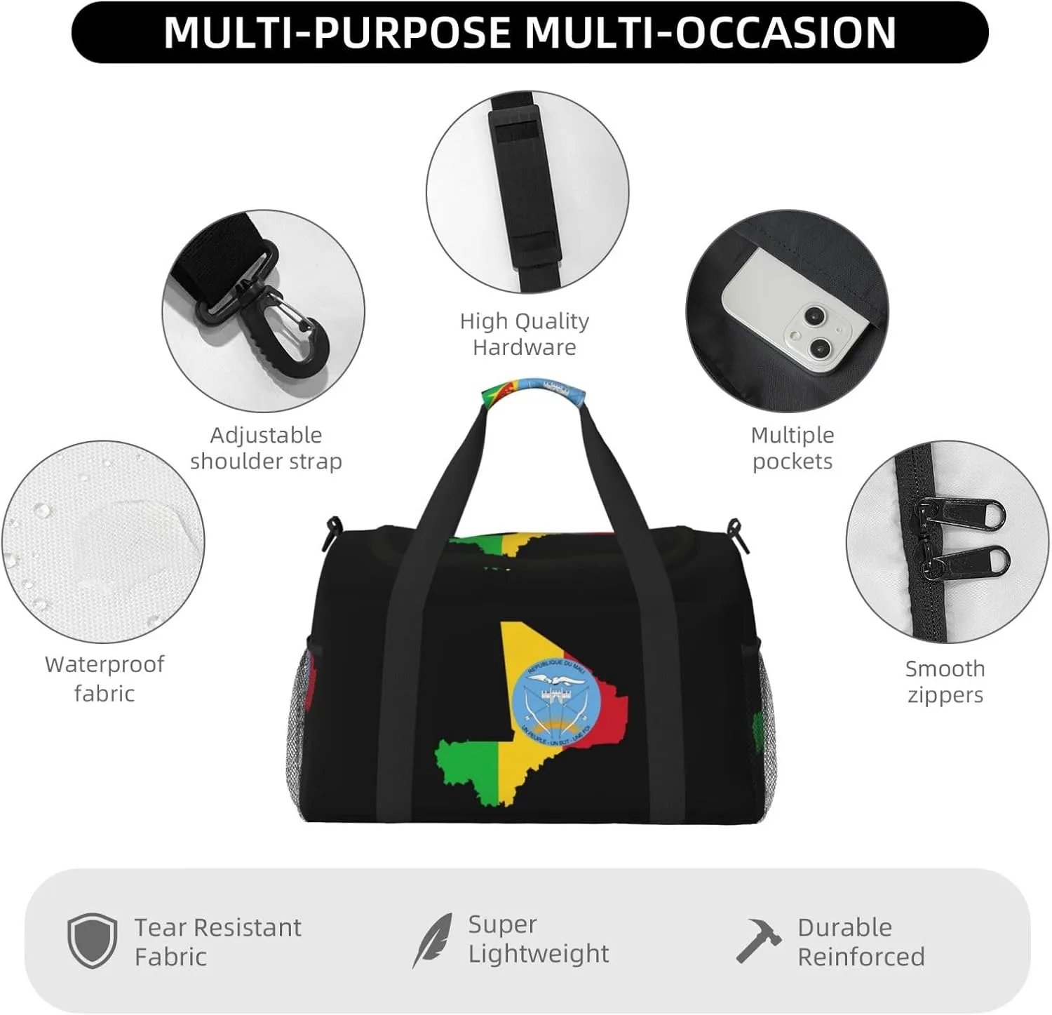 Flag Map Of Mali Travel Duffel Bag Large Foldable Waterproof Overnight Bag For Beach Swim Bags Pool Sports Gym