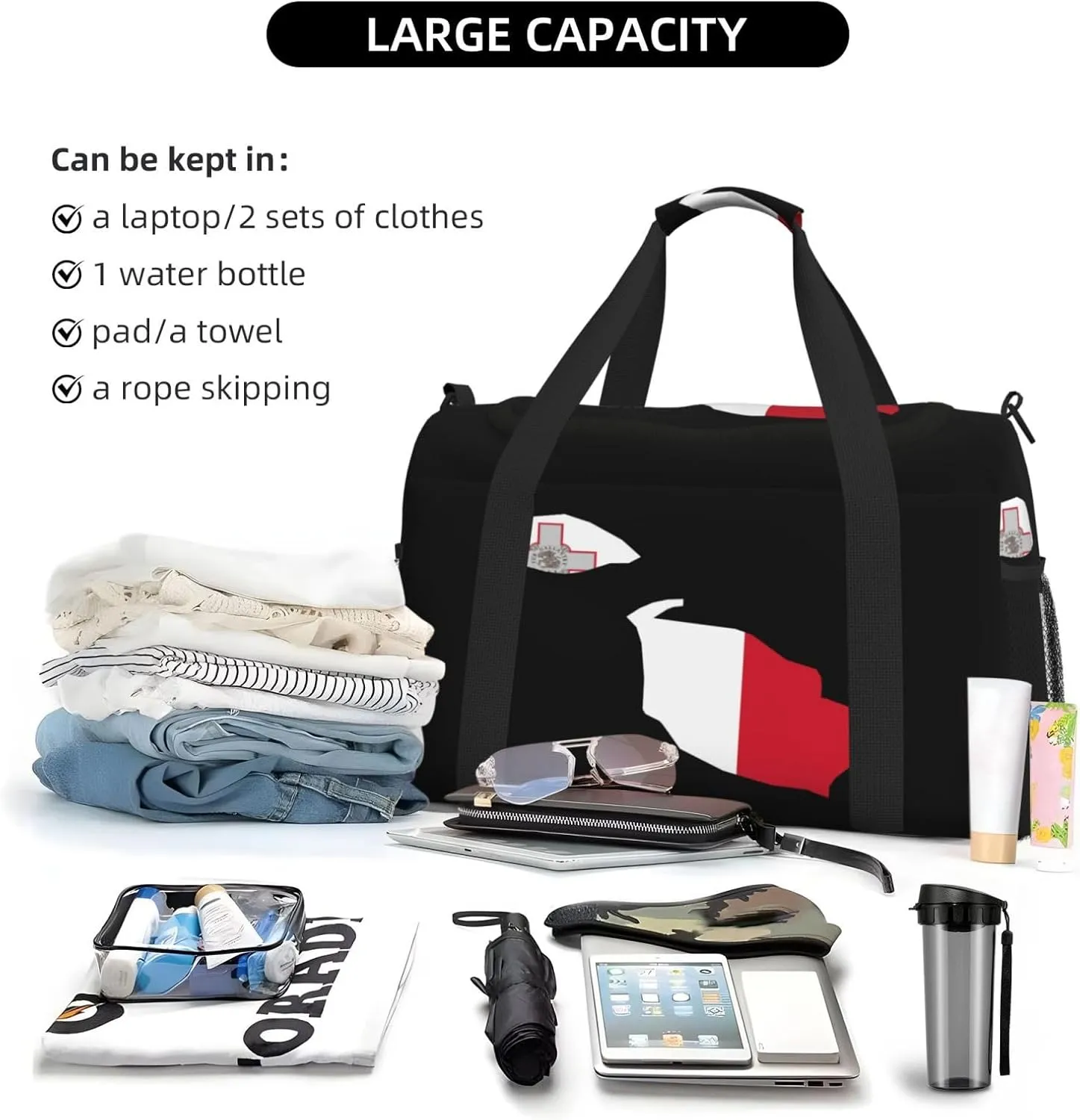 Flag Map Of Malta Travel Duffel Bag Large Foldable Waterproof Overnight Bag For Beach Swim Bags Pool Sports Gym