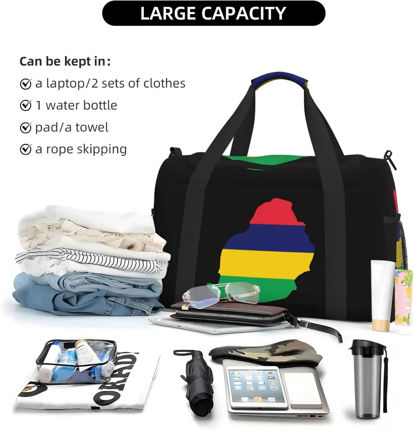 Flag Map Of Mauritius Travel Duffel Bag Large Foldable Waterproof Overnight Bag For Beach Swim Bags Pool Sports Gym