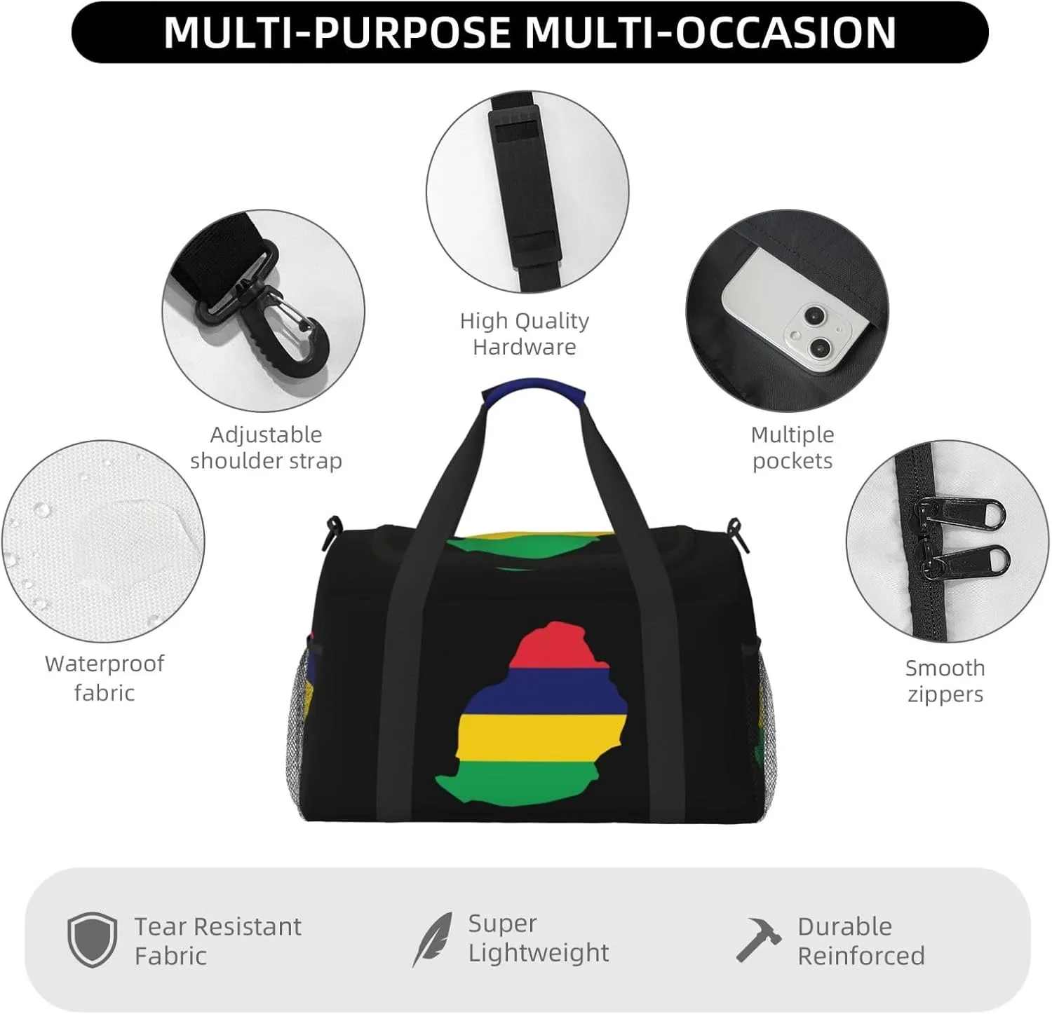 Flag Map Of Mauritius Travel Duffel Bag Large Foldable Waterproof Overnight Bag For Beach Swim Bags Pool Sports Gym
