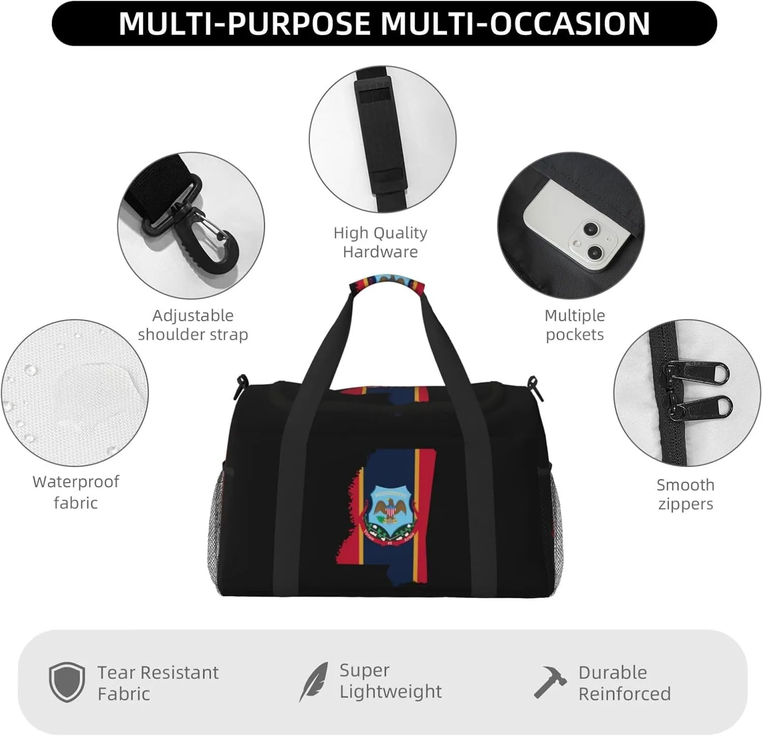 Flag Map Of Mississippi Travel Duffel Bag Large Foldable Waterproof Overnight Bag For Beach Swim Bags Pool Sports Gym