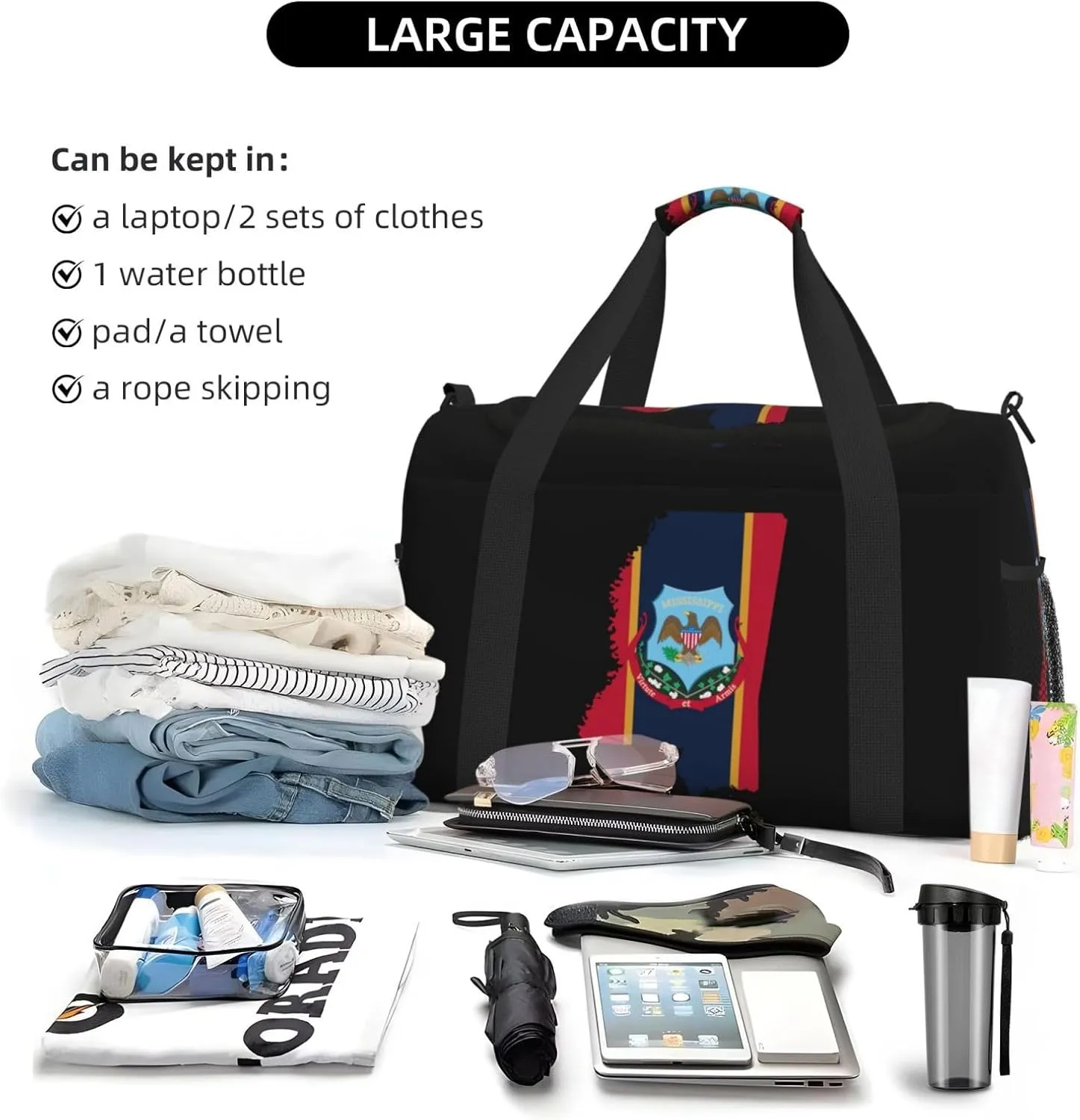 Flag Map Of Mississippi Travel Duffel Bag Large Foldable Waterproof Overnight Bag For Beach Swim Bags Pool Sports Gym