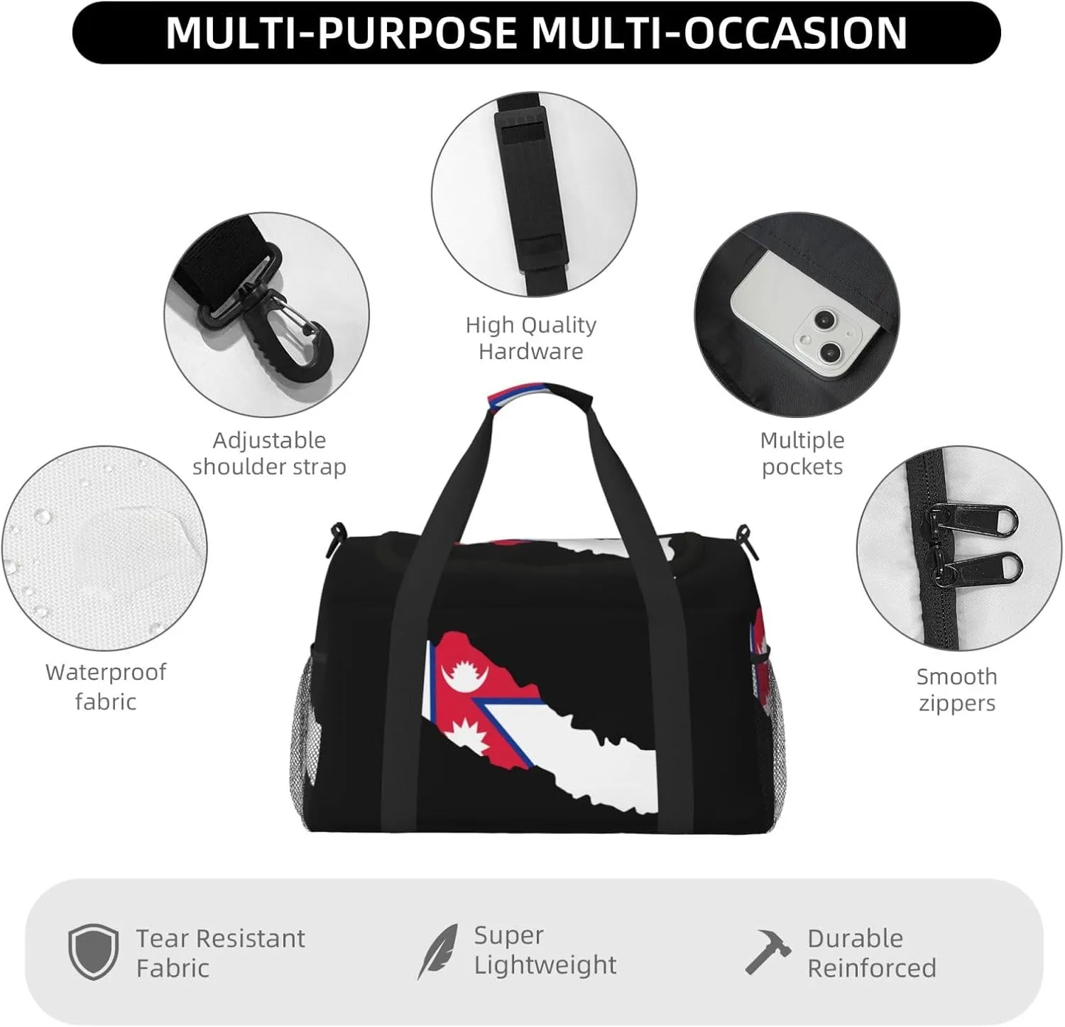 Flag Map Of Nepal Travel Duffel Bag Large Foldable Waterproof Overnight Bag For Beach Swim Bags Pool Sports Gym