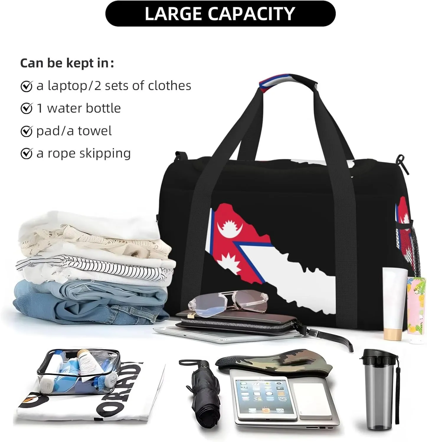 Flag Map Of Nepal Travel Duffel Bag Large Foldable Waterproof Overnight Bag For Beach Swim Bags Pool Sports Gym