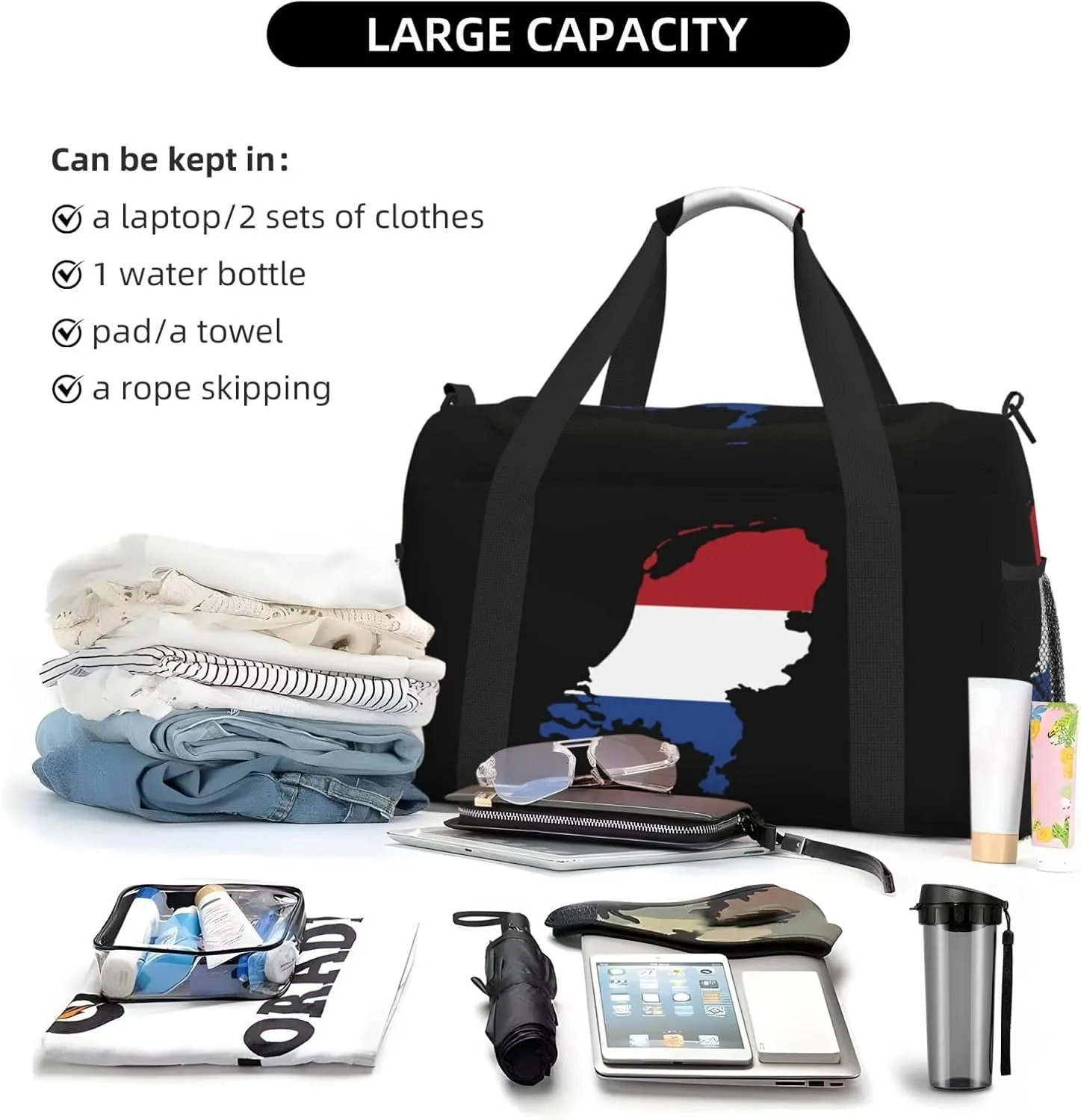 Flag Map Of Netherlands Travel Duffel Bag Large Foldable Waterproof Overnight Bag For Beach Swim Bags Pool Sports Gym