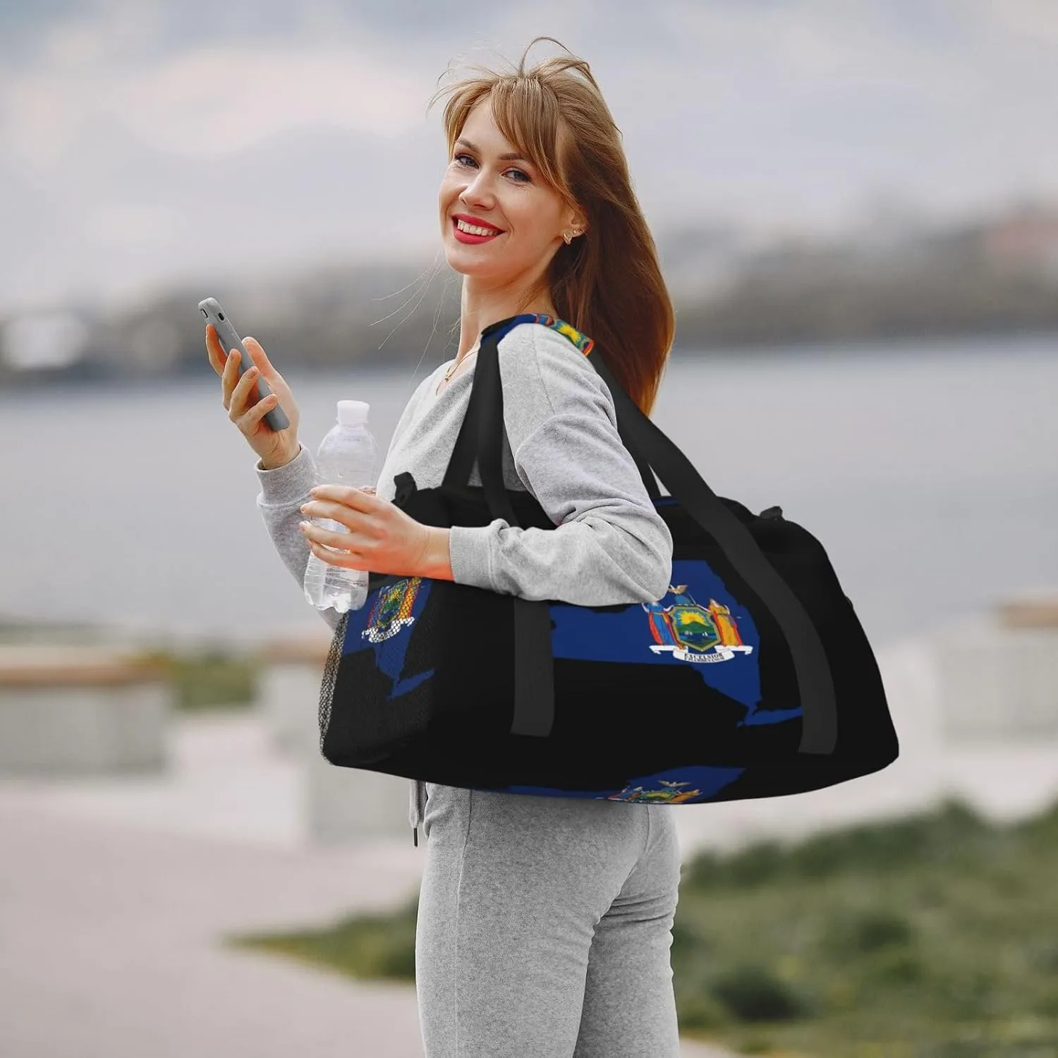 Flag Map Of New York Travel Duffel Bag Large Foldable Waterproof Overnight Bag For Beach Swim Bags Pool Sports Gym