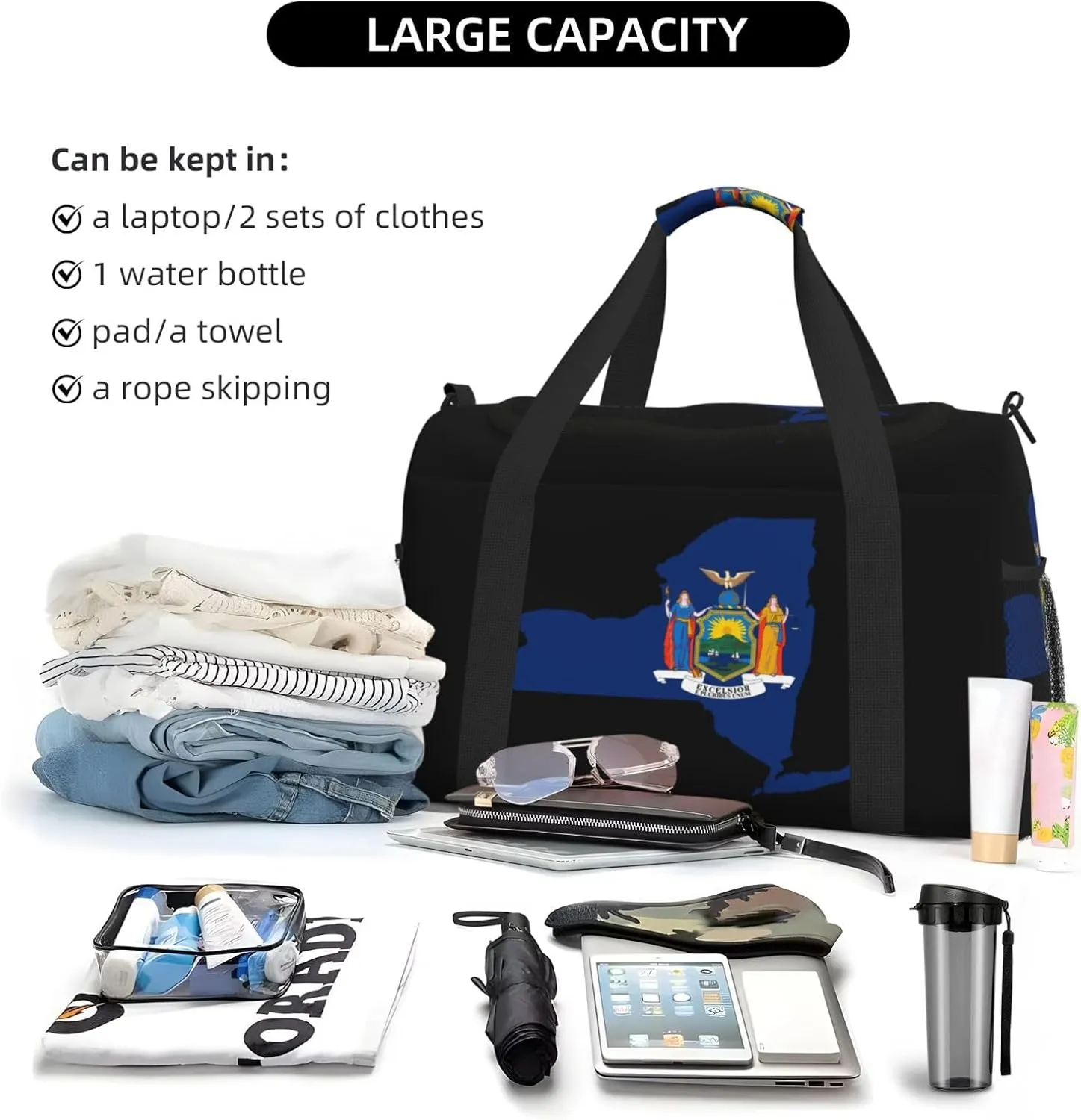 Flag Map Of New York Travel Duffel Bag Large Foldable Waterproof Overnight Bag For Beach Swim Bags Pool Sports Gym