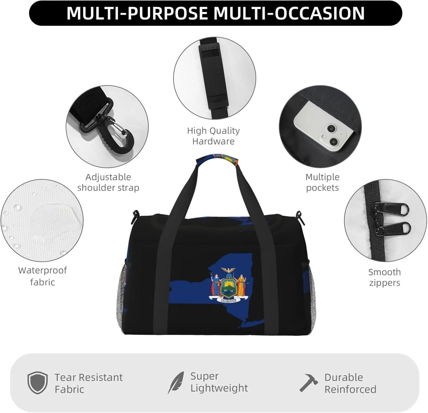 Flag Map Of New York Travel Duffel Bag Large Foldable Waterproof Overnight Bag For Beach Swim Bags Pool Sports Gym