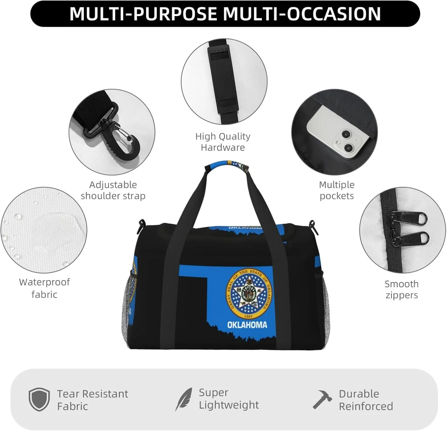 Flag Map Of Oklahoma Travel Duffel Bag Large Foldable Waterproof Overnight Bag For Beach Swim Bags Pool Sports Gym