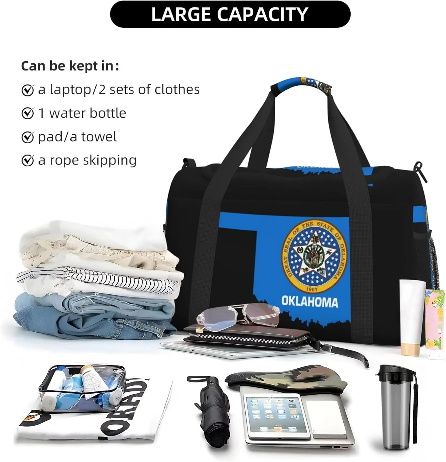 Flag Map Of Oklahoma Travel Duffel Bag Large Foldable Waterproof Overnight Bag For Beach Swim Bags Pool Sports Gym