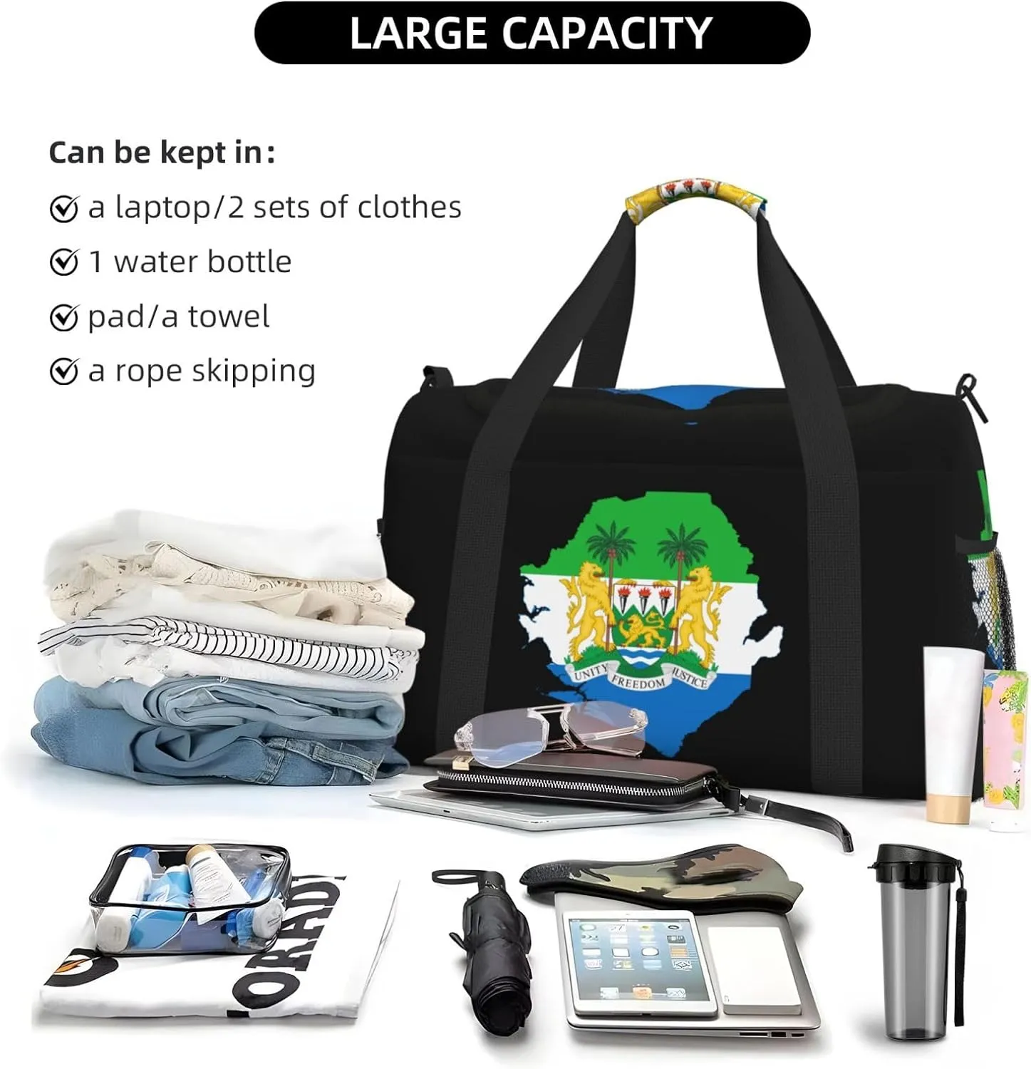 Flag Map Of Sierra Leone Travel Duffel Bag Large Foldable Waterproof Overnight Bag For Beach Swim Bags Pool Sports Gym