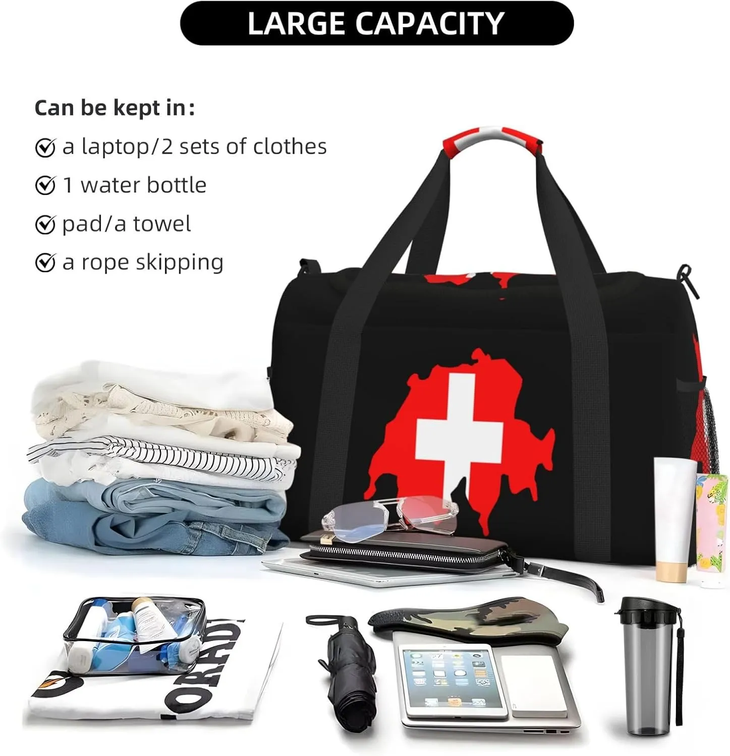Flag Map Of Switzerland Travel Duffel Bag Large Foldable Waterproof Overnight Bag For Beach Swim Bags Pool Sports Gym